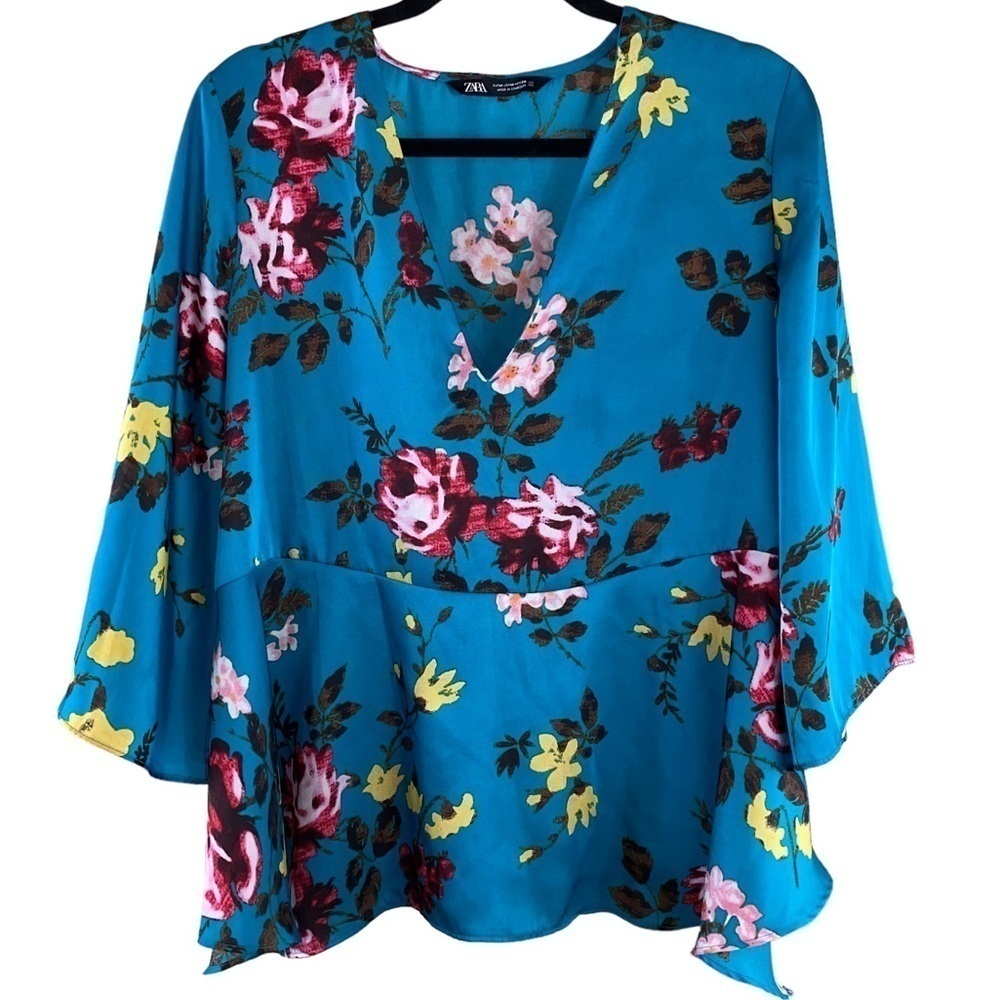 Zara Blouse‎ Teal Floral V-neck with Peplum Sz Medium